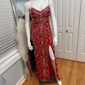 Jovani Red Embellished Strapless Evening Gown with Thigh Slit